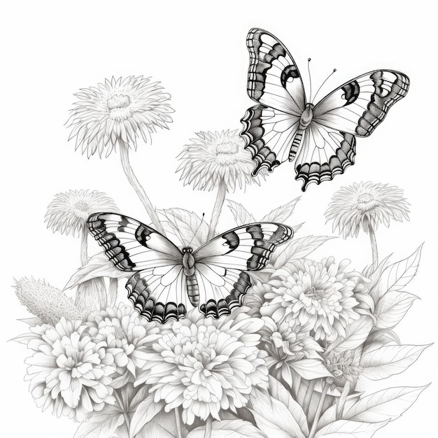 een tekening van vlinders en bloemen met vlinder en bloemen.