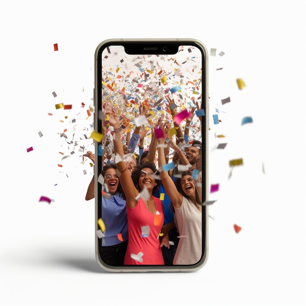 Een telefoon met een foto van mensen op de achtergrond en confetti erop.