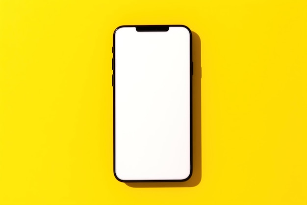 Een telefoon met een wit scherm heeft een gele achtergrond.