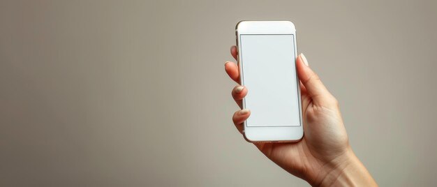 Een telefoon met een wit scherm wordt vastgehouden door een geïsoleerde vrouwelijke hand