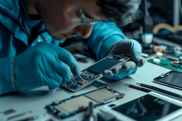 Een telefoontechnicus die een smartphone-scherm repareert en elektronische reparatievaardigheden benadrukt
