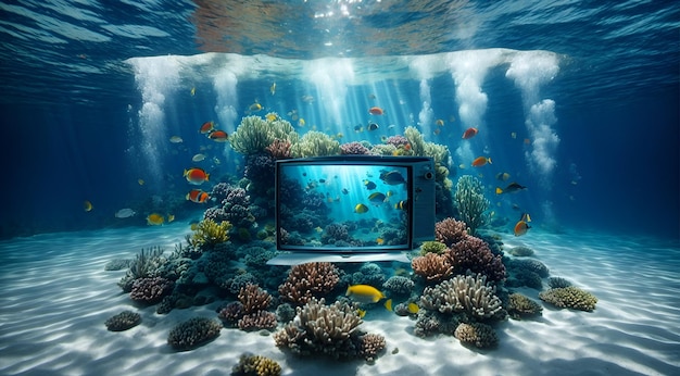 een televisie scherm onder water