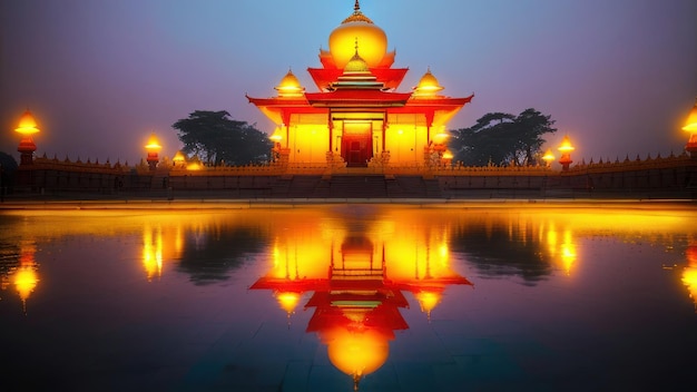 Een tempel in de avond met de lichten aan