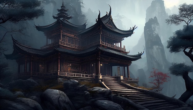 Een tempel in de bergen met aan de linkerkant een boom