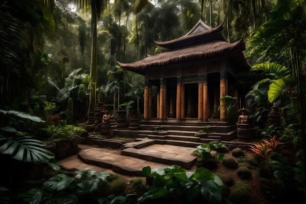 Een tempel in de jungle met een bamboed dak en een bambudak.