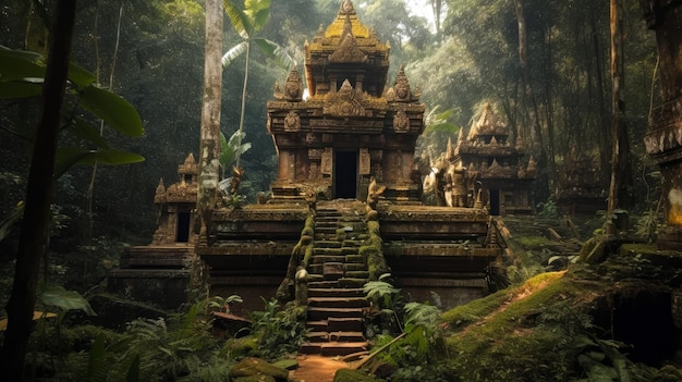 Een tempel in de jungle met een jungle achtergrond