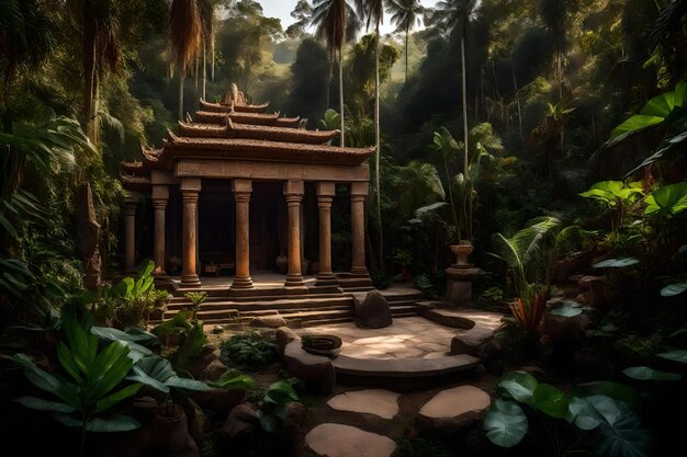 Een tempel in de jungle met een pad dat naar de jungle leidt.