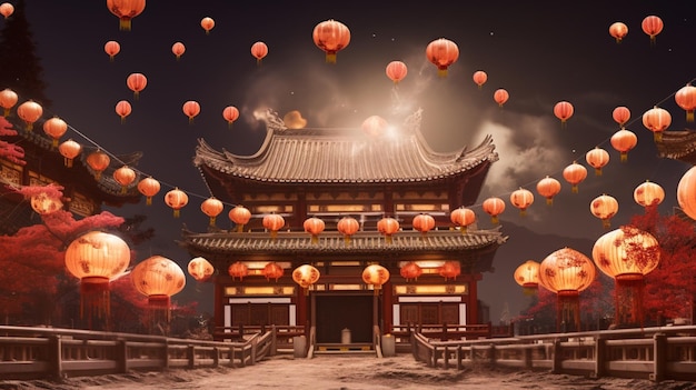 een tempel in de nacht met lantaarns die eromheen vliegen.