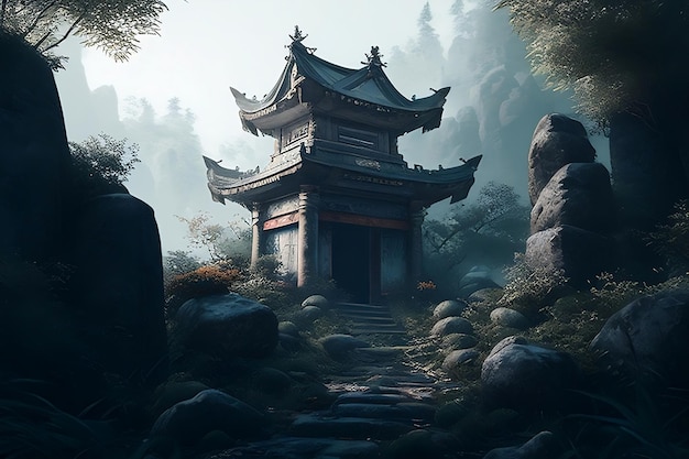 Een tempel in het bos met een stenen pad en een stenen brug.