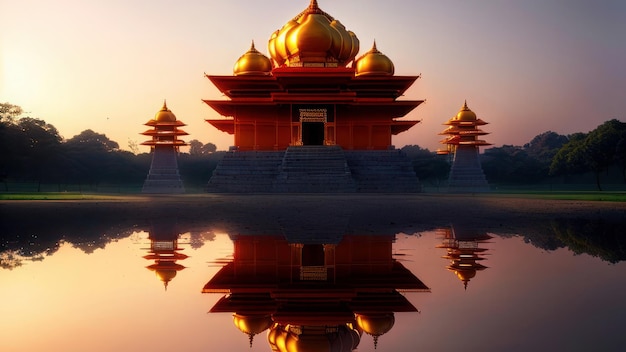 Een tempel met een gouden dak en een weerspiegeling van de lucht