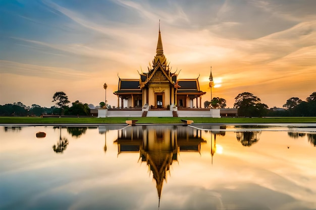 een tempel met een gouden lucht en een weerspiegeling van een gebouw in het water.