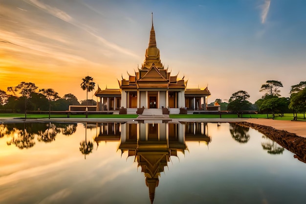 een tempel met een gouden pagode op de achtergrond.