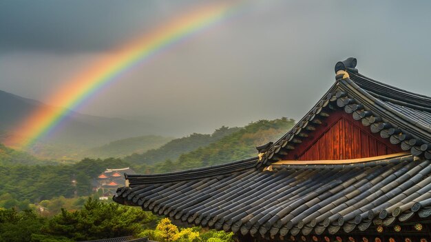 Een tempel met een regenboog op de achtergrond van de berg