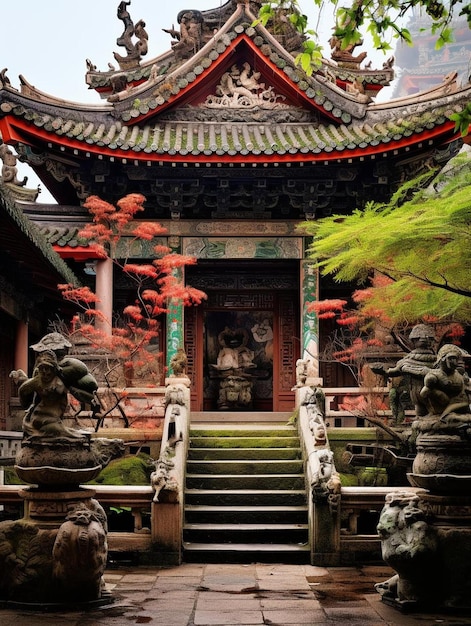 een tempel met een rode deur en een rood bord met de tekst 'buddha'