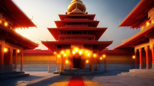 Een tempel met een rode loper op de vloer en een rode loper op de vloer.