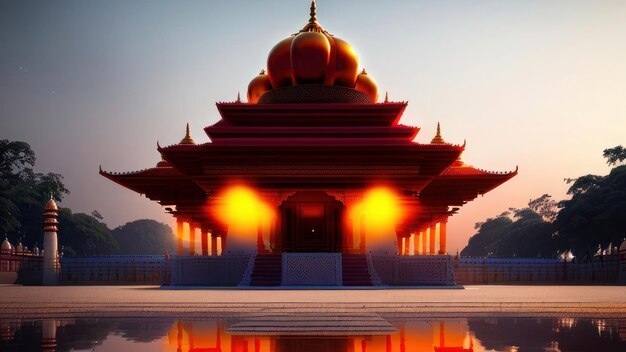 Een tempel met een rood dak en oranje lichten