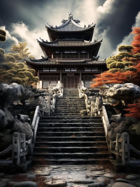 een tempel met een trap die naar een pagode leidt.