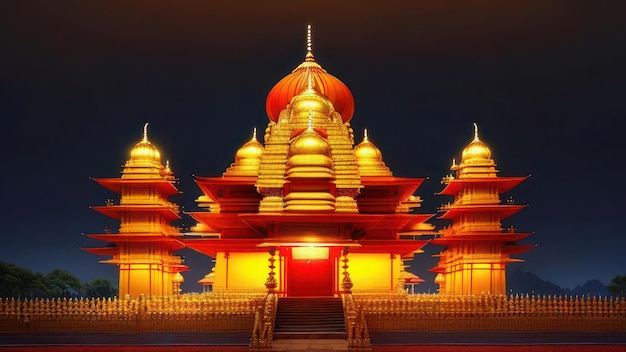 Een tempel met een verlicht oranje licht