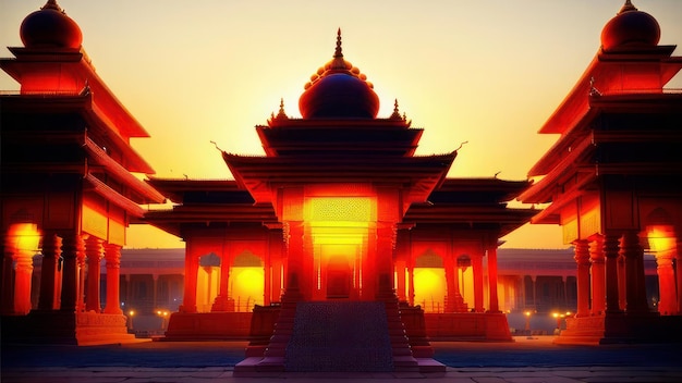 Een tempel met een zonsondergang erachter