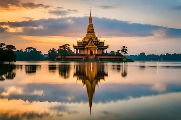 een tempel met een zonsondergang erachter