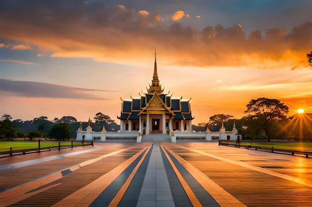 een tempel met een zonsondergang op de achtergrond