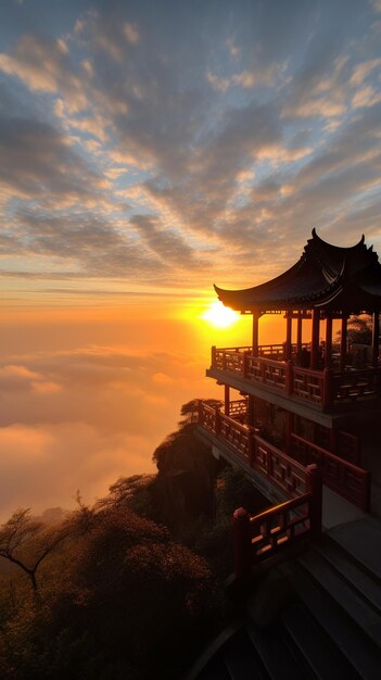 Een tempel op een berg met daarachter de ondergaande zon