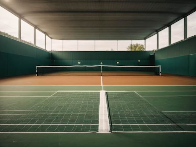 een tennisbaan met een net en een tennisbal op het veld