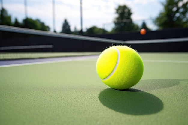 Een tennisbal en een racket op een buitenveld