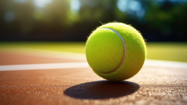 een tennisbal op een baan waar de zon achter schijnt.