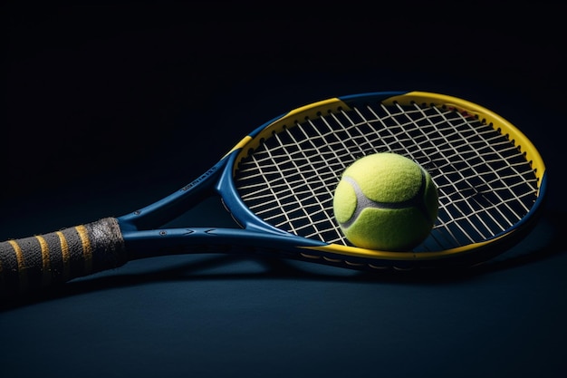 Een tennisracket en een bal staan op een donkere achtergrond.