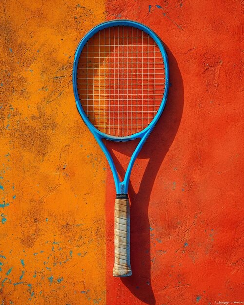 Een tennisracket leunt tegen een oranje muur