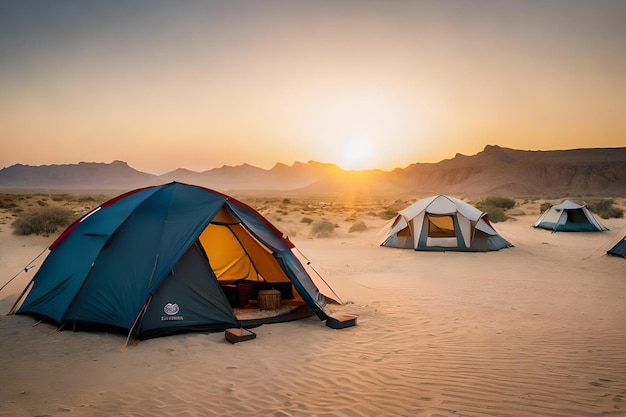 Een tent in de woestijn bij zonsondergang