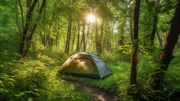 Een tent in een bos waar de zon door de bomen schijnt.