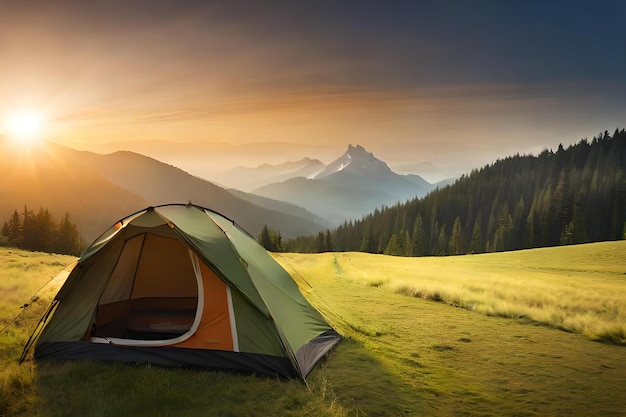Een tent in een veld met bergen op de achtergrond