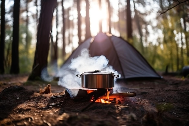 Een tent in het bos in de zomer bij een vuur met een pot waaruit stoom komt van door AI gegenereerd voedsel