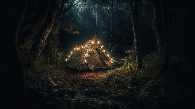 Een tent in het bos met lampjes erop