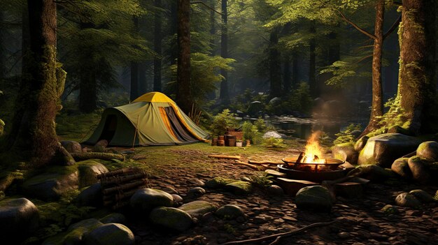 een tent met een kampvuur op de grond naast een vuur