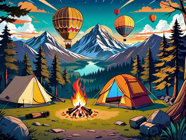 Foto een tent met een luchtballon op de achtergrond kampeerplaatsen kampvuur prachtige bergen achtergrond