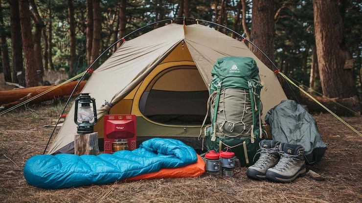 Foto een tent met een rugzak en een rugzak ernaast