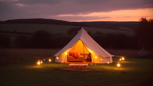 Een tent met een verlichte bank voor een veld in de schemering.