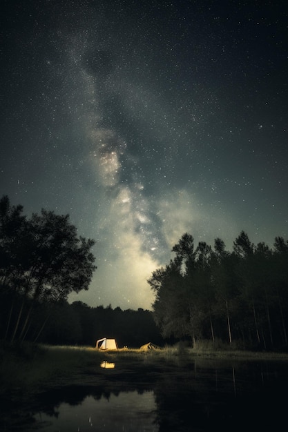 Een tent onder de sterren licht op in de donkere lucht.