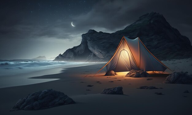 Een tent op een strand met de maan op de achtergrond