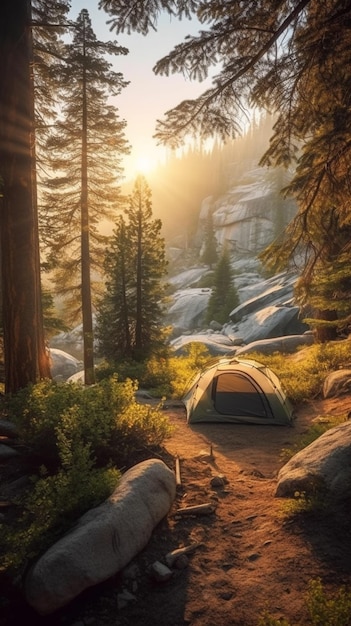 Een tent wordt opgezet in een bos met de zon die door de bomen schijnt.