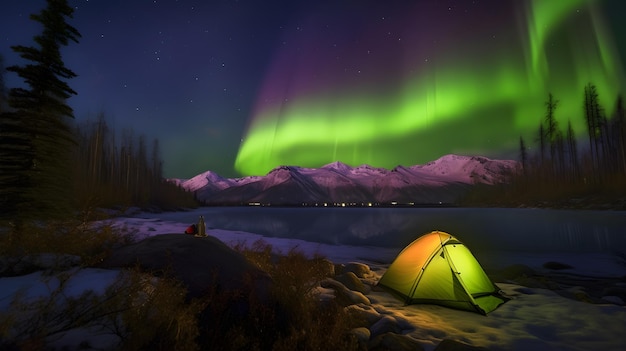 Een tent wordt 's nachts verlicht met de aurora borealis op de achtergrond.