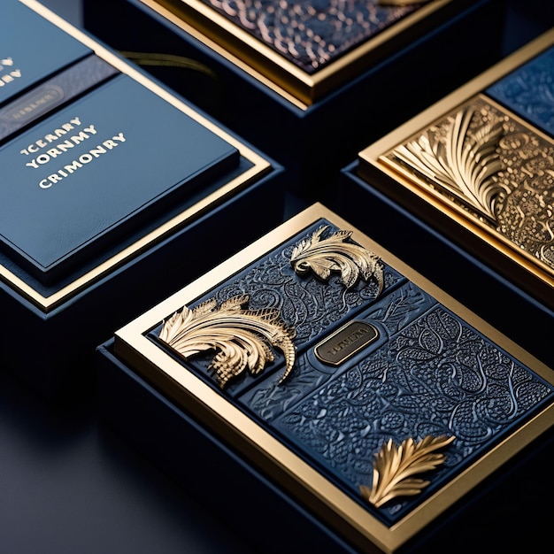 Een tentoonstelling van gouden en zilveren prijzen met een blauwe doos met de tekst " chic ".