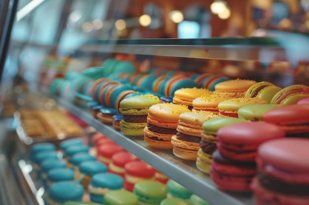 Een tentoonstelling van kleurrijke macarons in een glazen kast