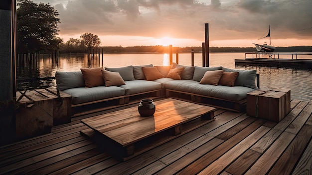 Een terras met uitzicht op de zonsondergang van een meer en een bank met een houten tafel en een houten tafel.