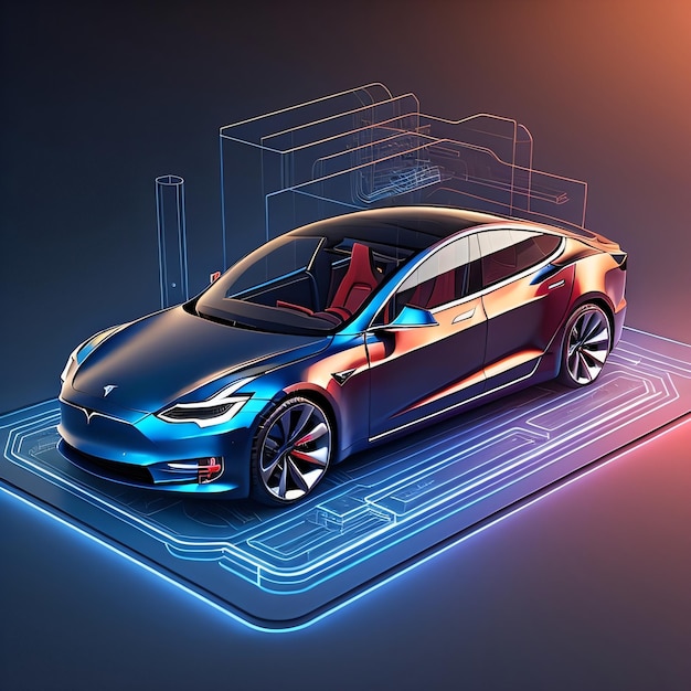 Een tesla model 3-auto wordt getoond in een 3D-illustratie.