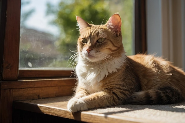 Een tevreden kat die in een zonnig raam ligt.