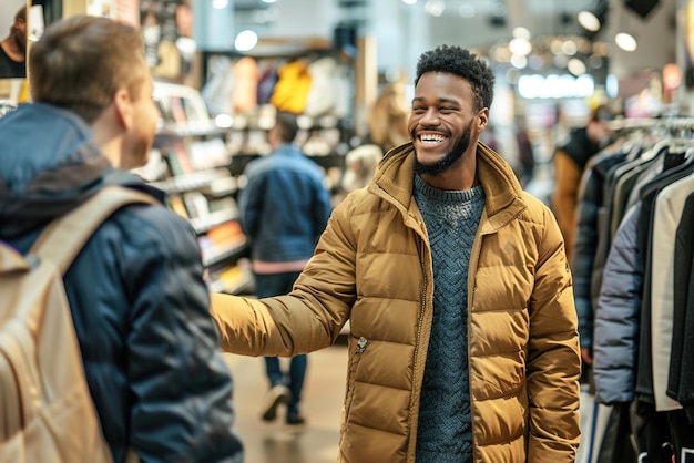 Een tevreden klant spreekt zijn dank uit aan een behulpzame verkoper in een winkel die meer dan